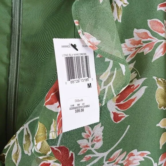 Skies are Blue green maxi dress floral ruffle trim 3/4 sleeves size Medium - Picture 6 of 8